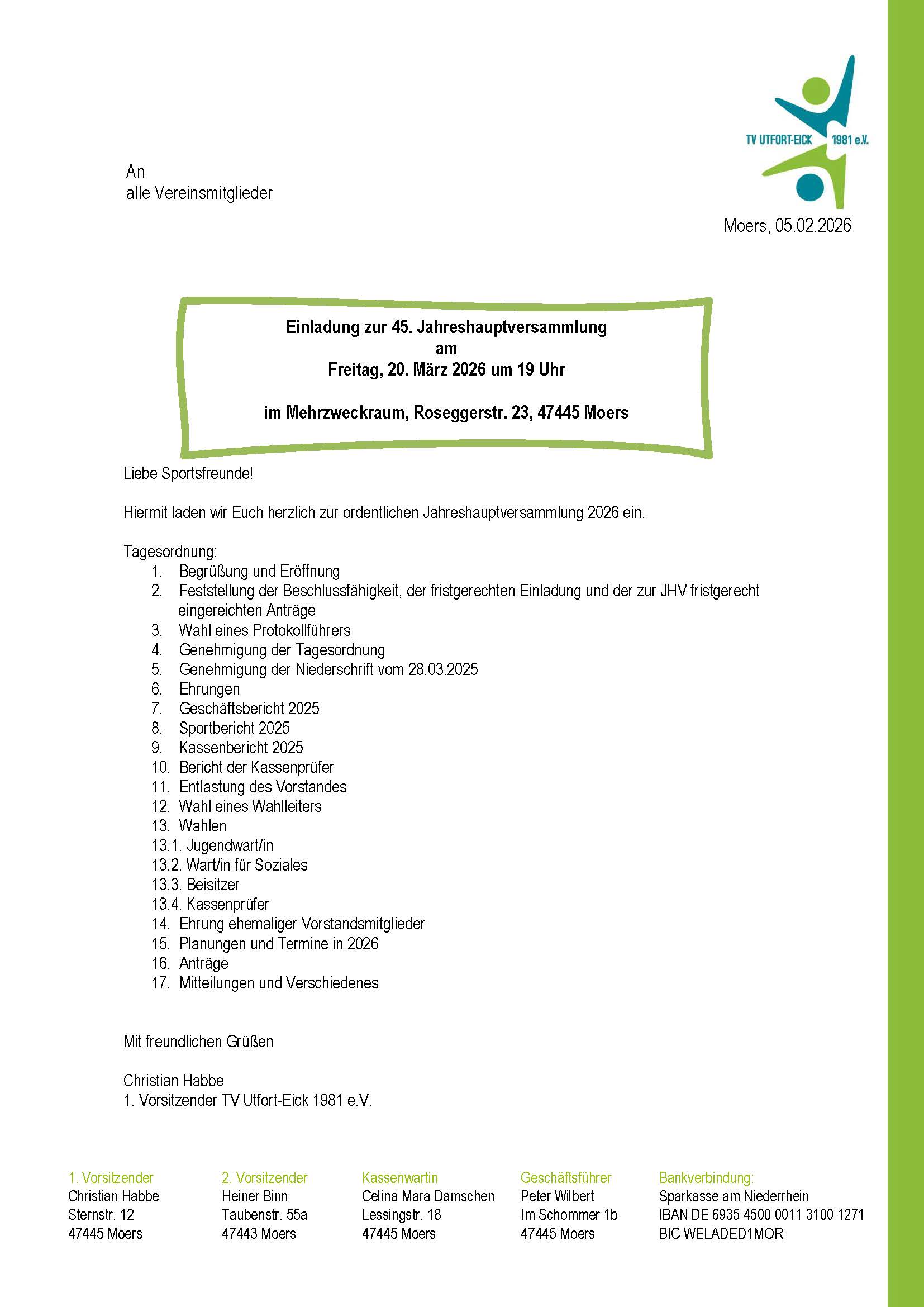 Einladung zur Jahreshauptversammlung 2026